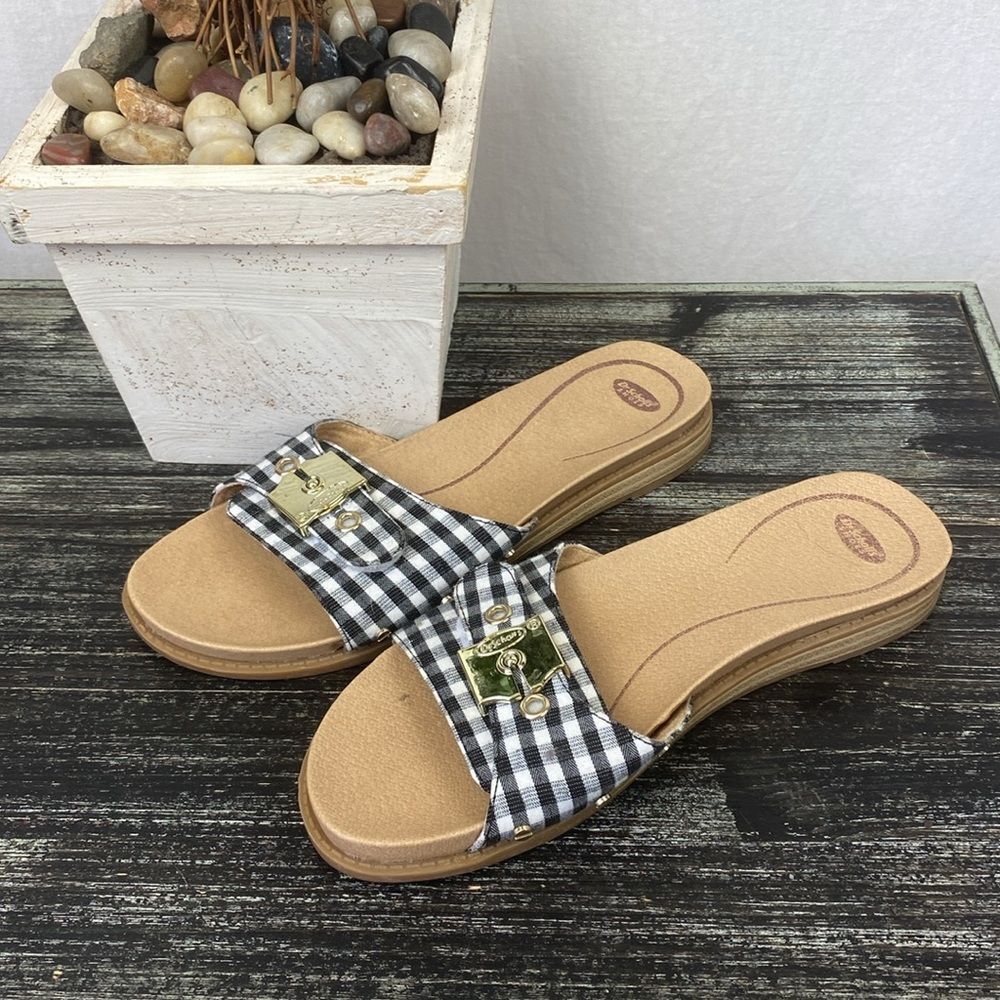 Dr. Scholls Black & White Plaid Gingham Flat Slide Shoes 7